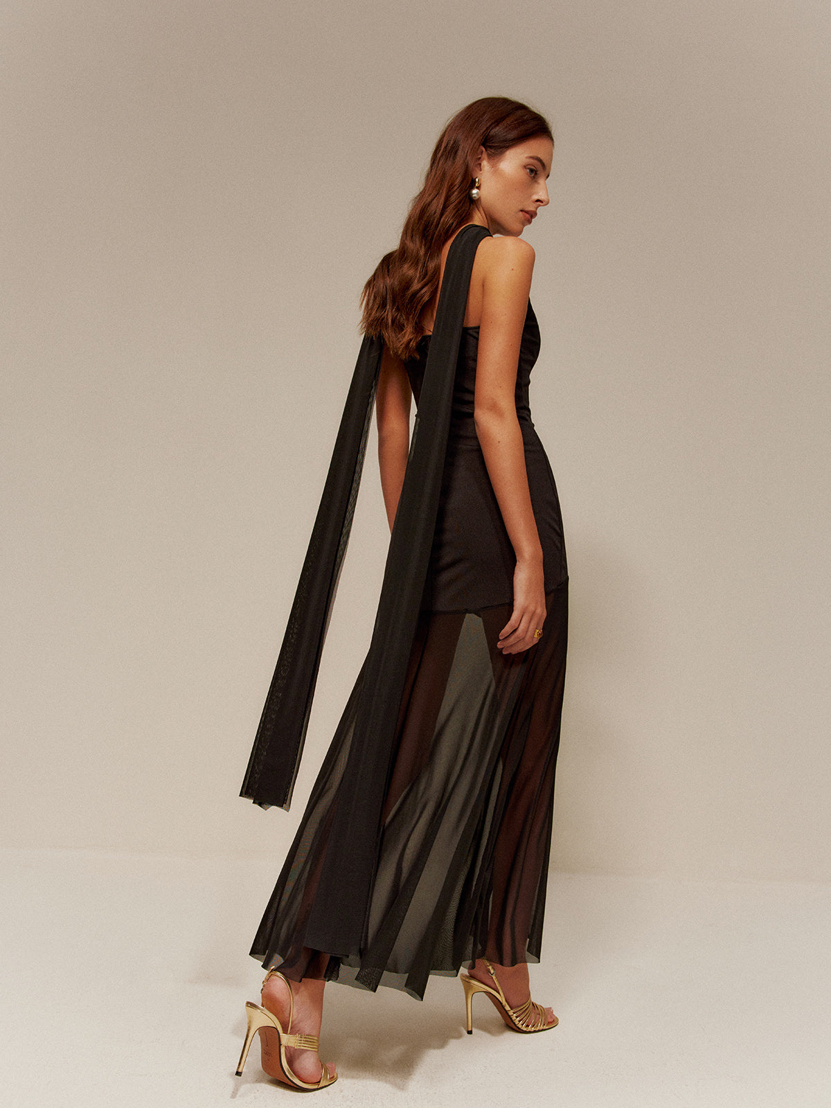 One Strap Long-Ribbon Chiffon Dress