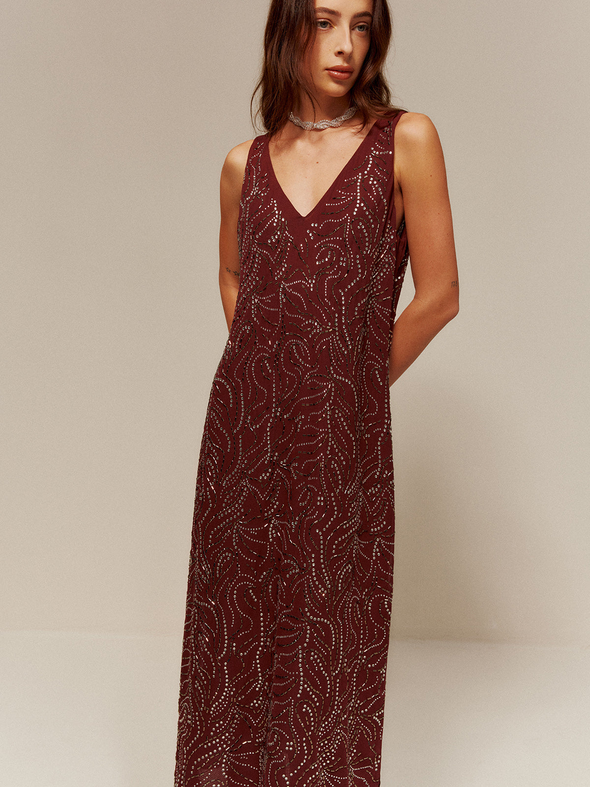 V-Neck  Rhinestone Split Tank Dress