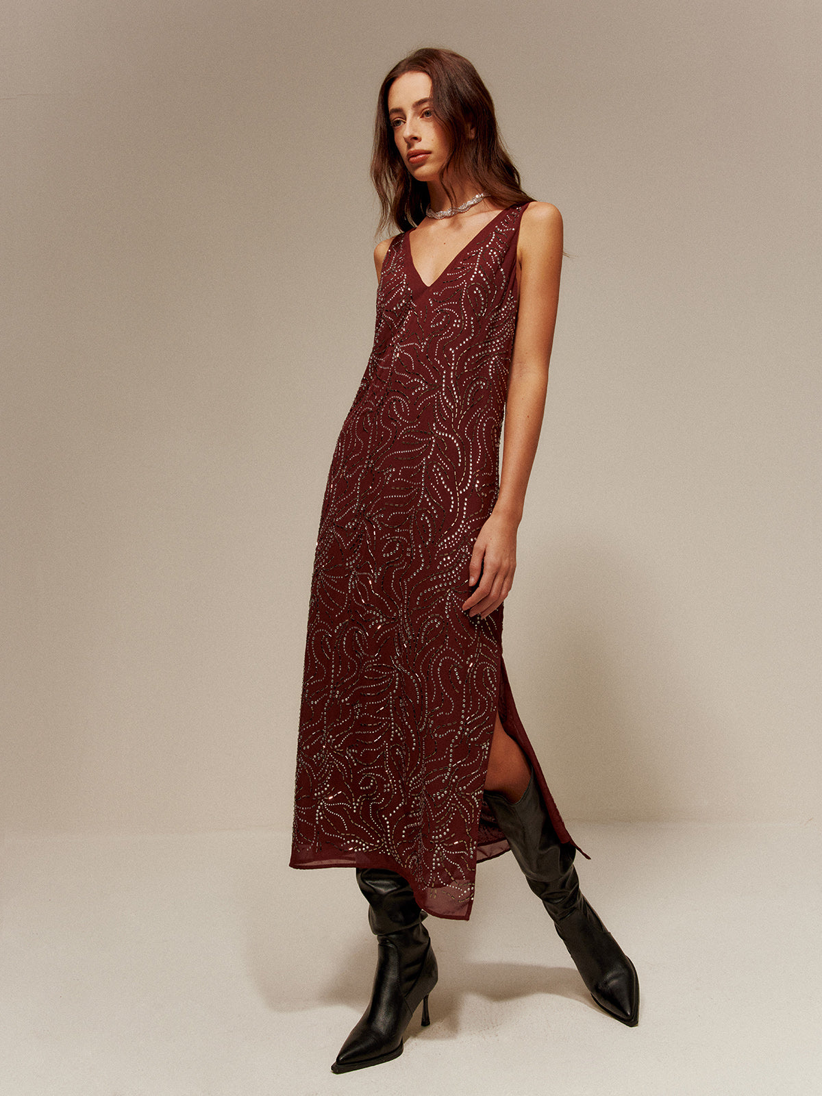 V-Neck  Rhinestone Split Tank Dress