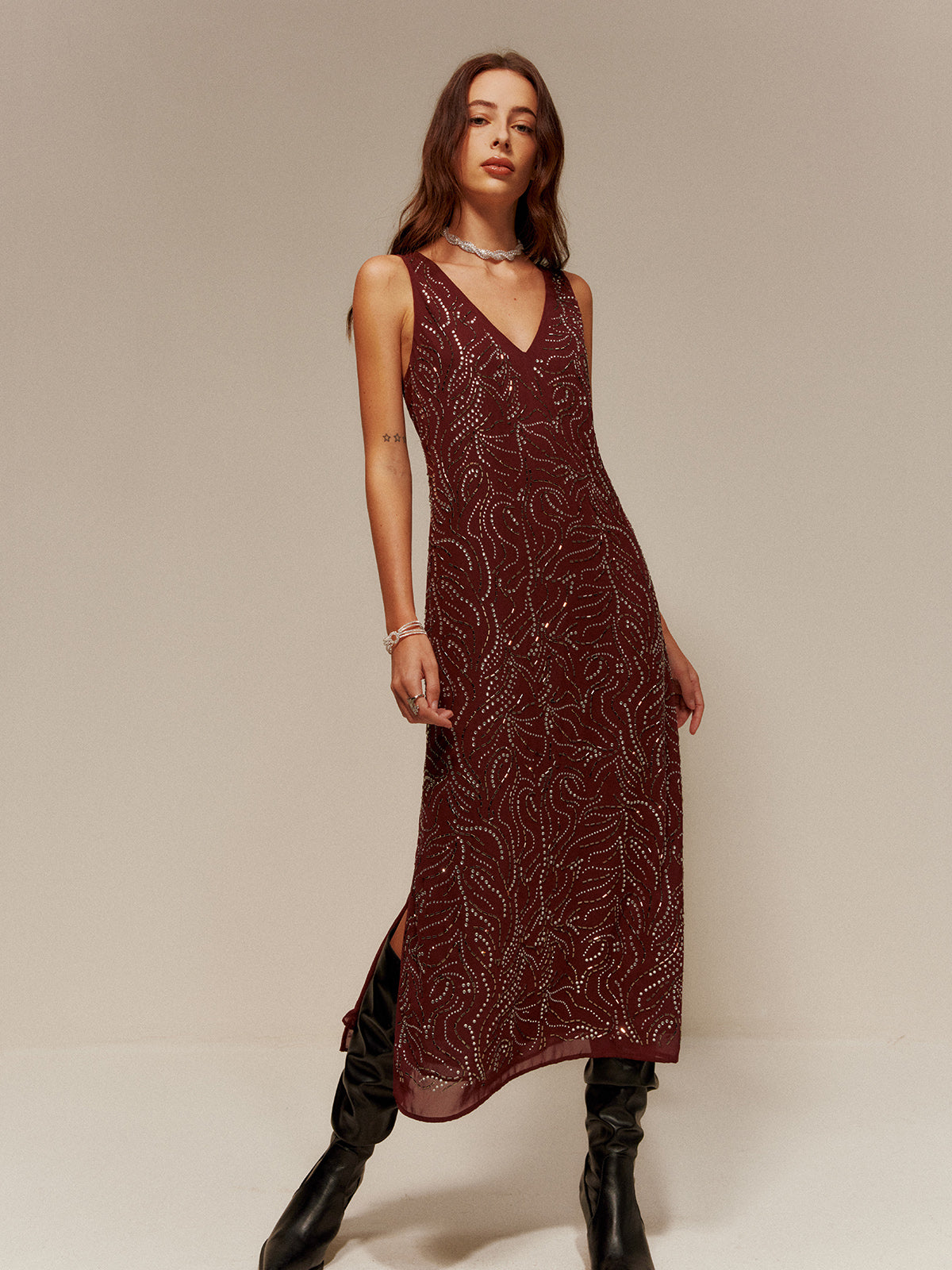 V-Neck  Rhinestone Split Tank Dress