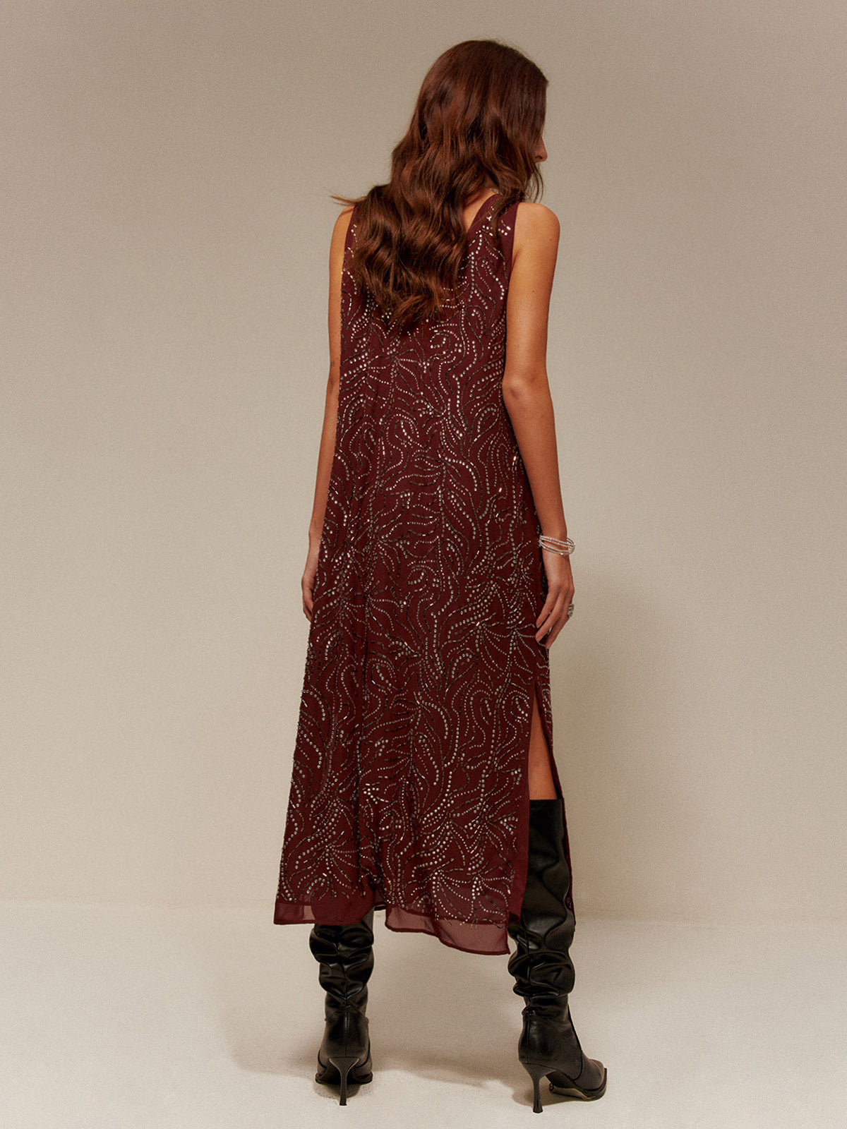 V-Neck  Rhinestone Split Tank Dress