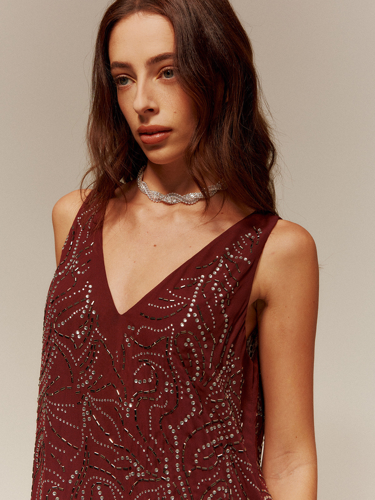 V-Neck  Rhinestone Split Tank Dress