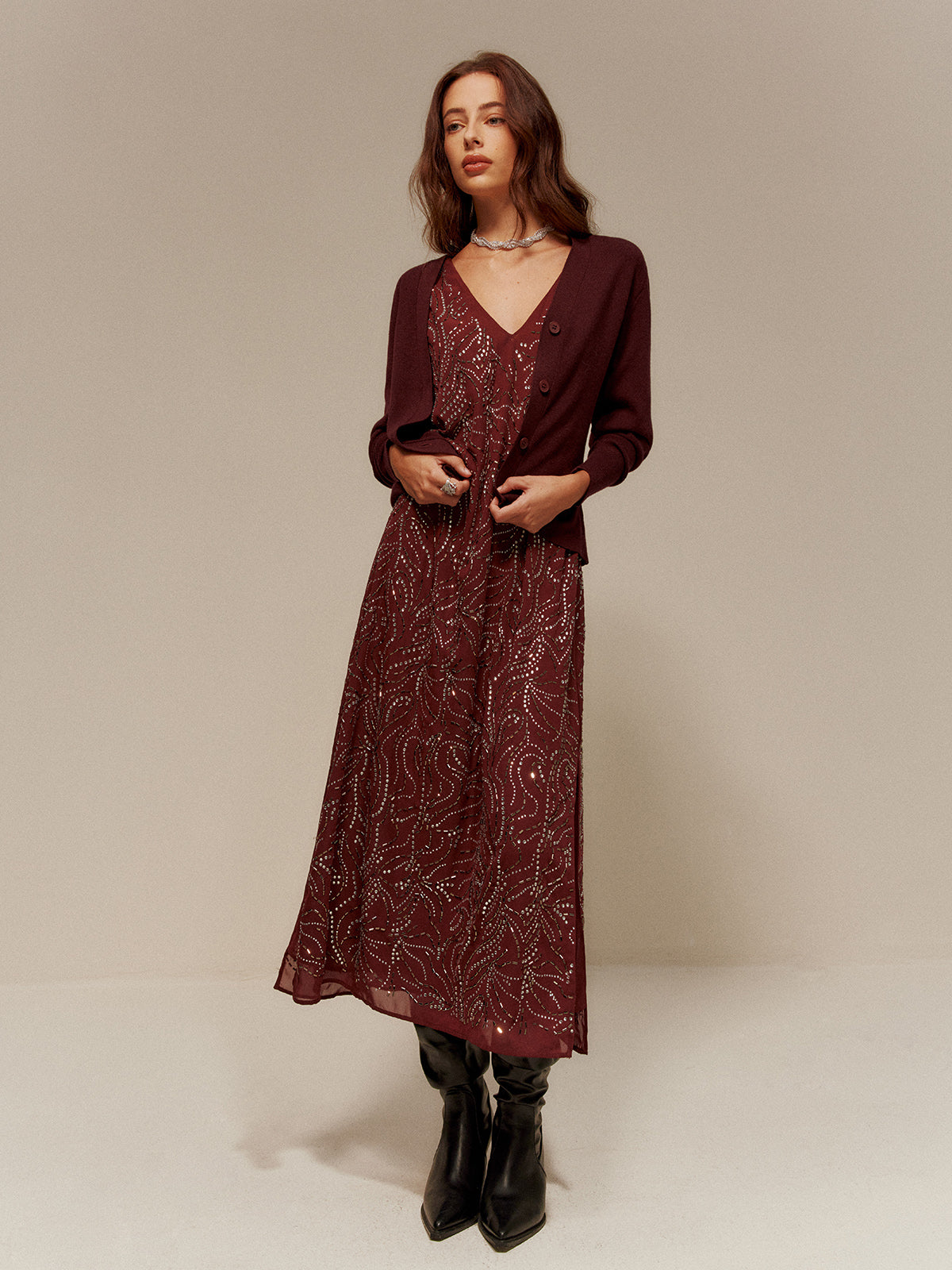 V-Neck  Rhinestone Split Tank Dress