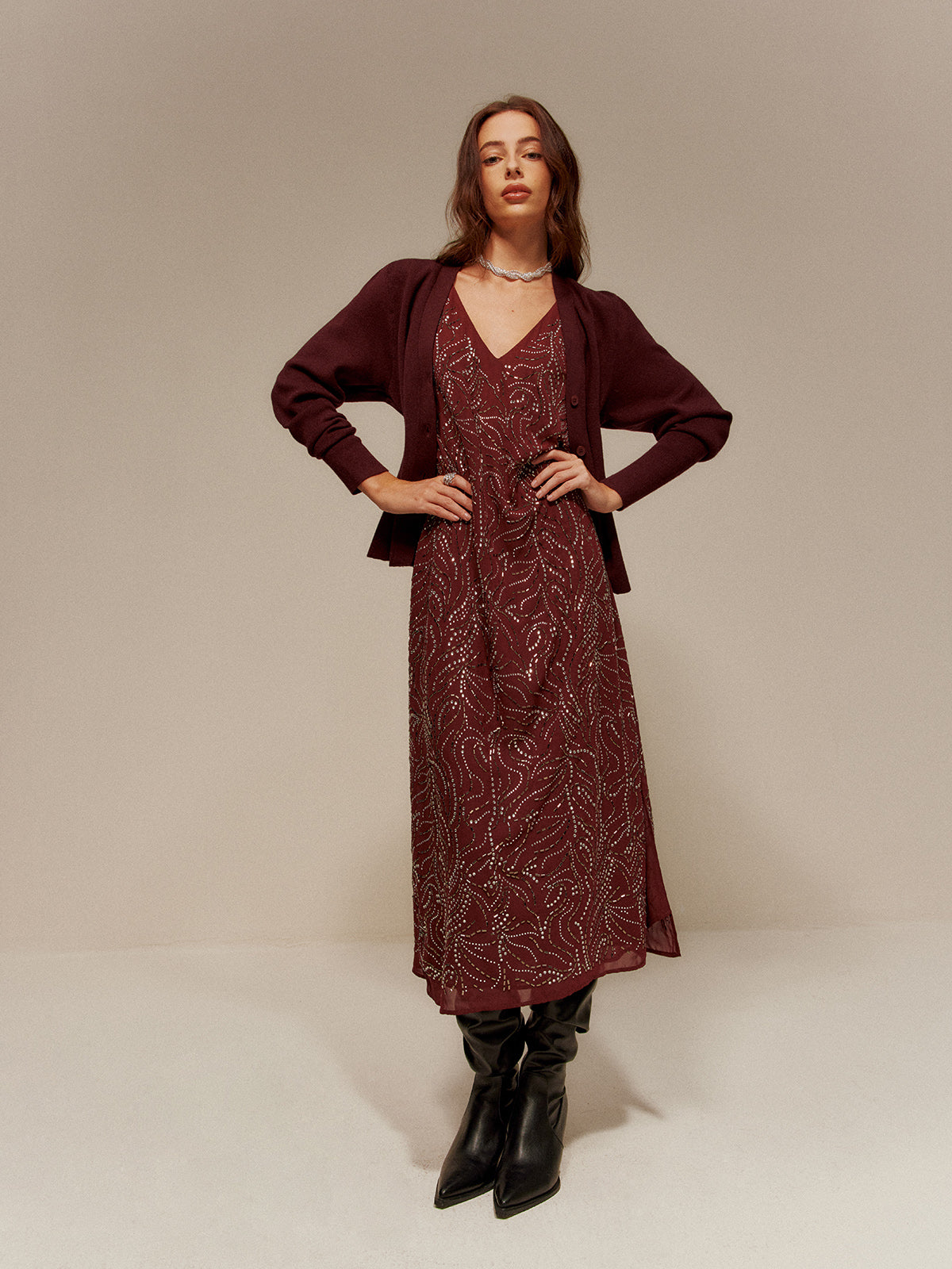 V-Neck  Rhinestone Split Tank Dress