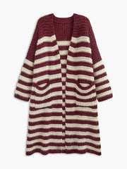 Two-Tone Striped Pockets Long Cardigan