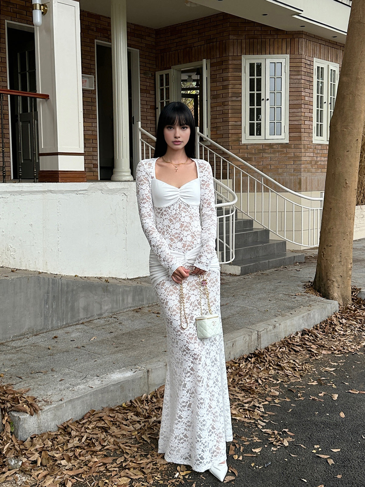 Ruched Lace Panel Long Dress