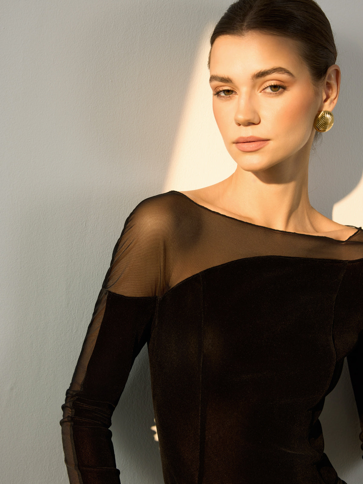 Straight Shoulder Sheer-Detail Slim Top