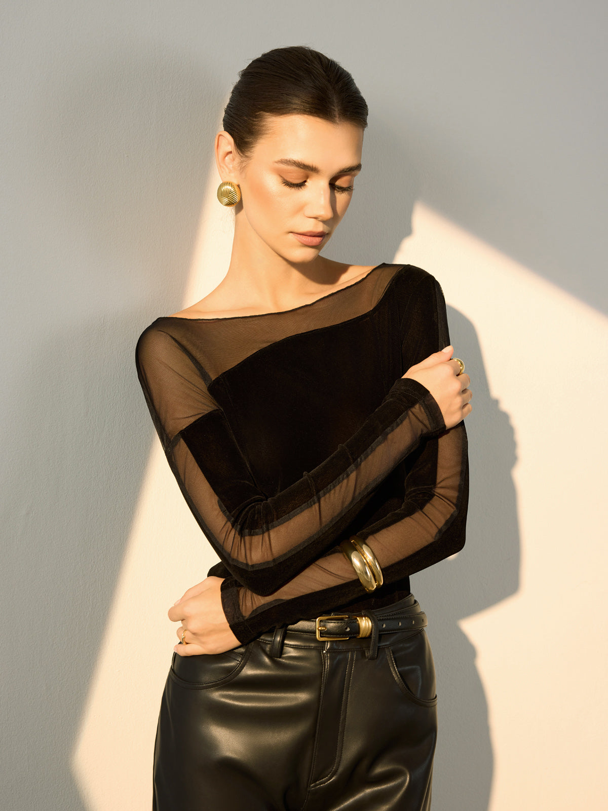 Straight Shoulder Sheer-Detail Slim Top