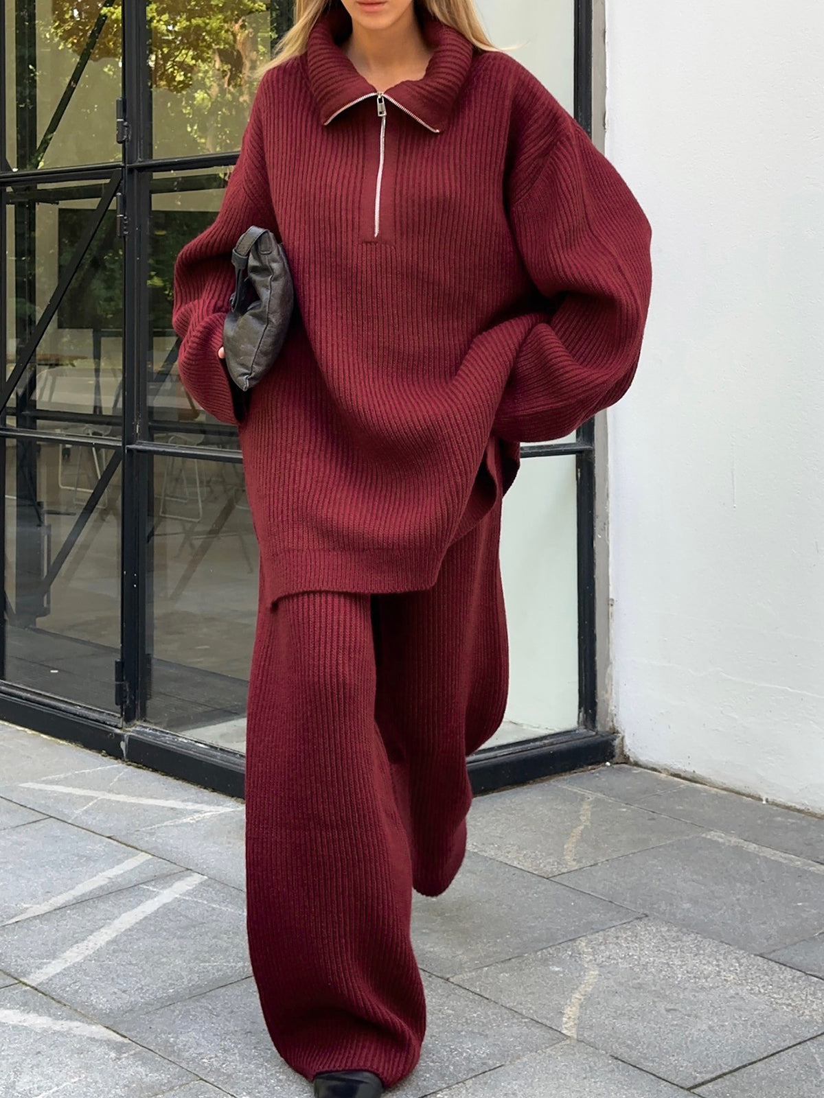 Drawstring Zipper Sweater Pants Set