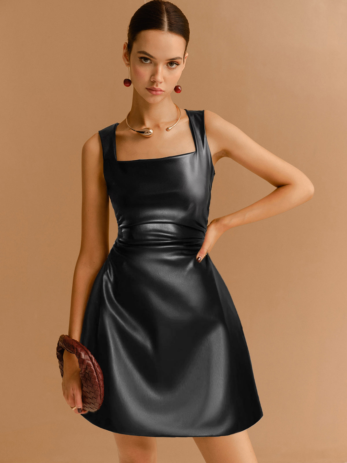 Faux Leather Zipper Strappy Dress