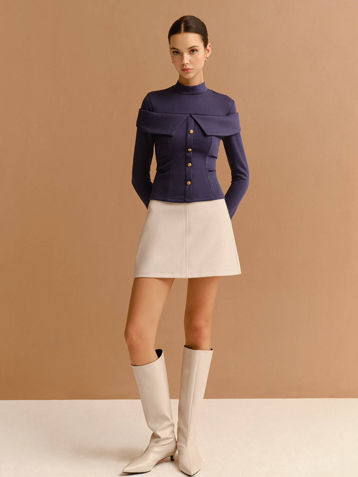 Mock Neck Metal-Detail Jersey Top