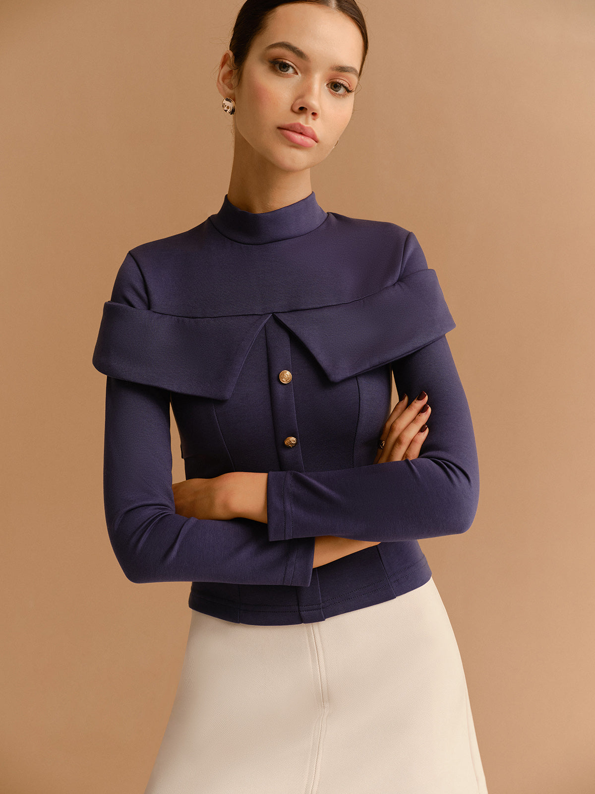 Mock Neck Metal-Detail Jersey Top