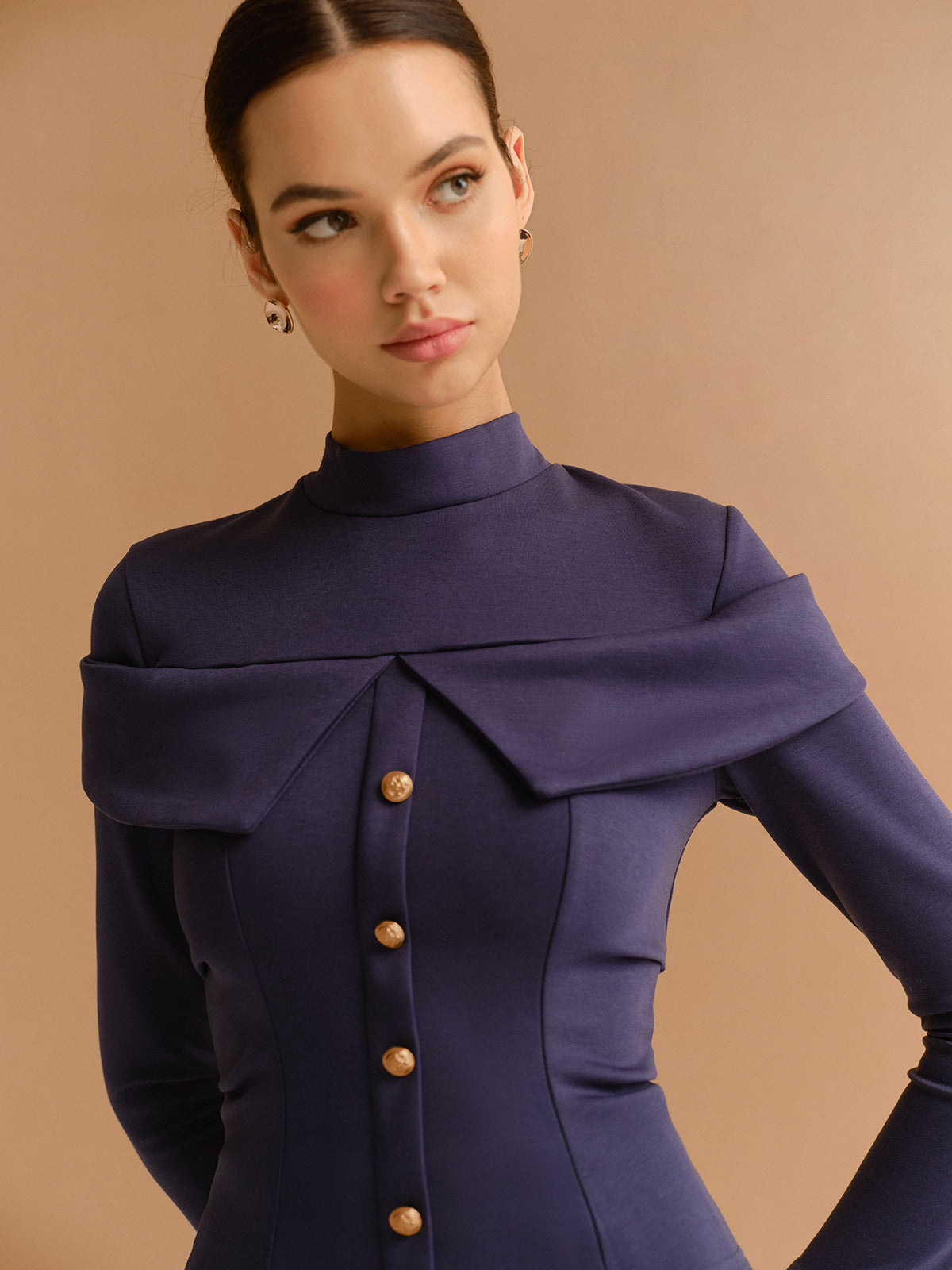 Mock Neck Metal-Detail Jersey Top